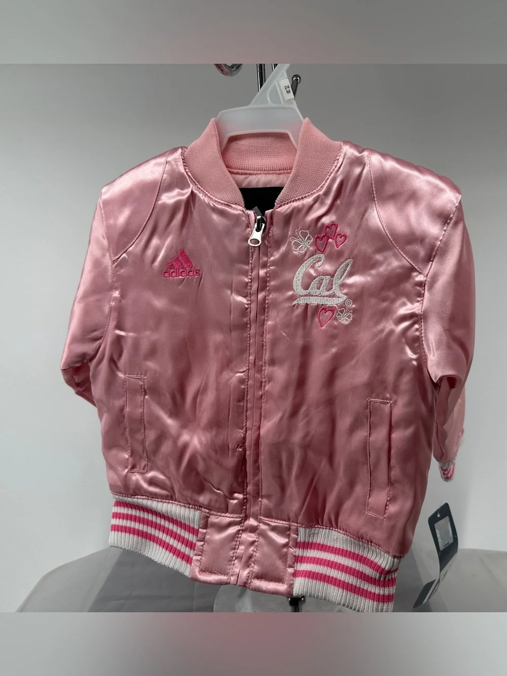 NWT Adidas U CAL BERK pink satin heart letterman jacket